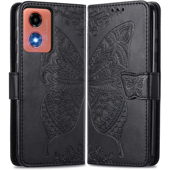 Etui z klapką do Motorola Moto E14, Butterfly, czarne