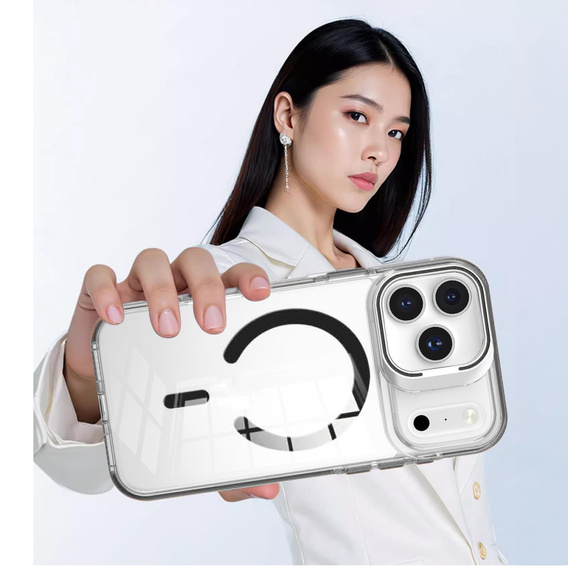 Etui do iPhone 17 Pro, do MagSafe, z podstawką, przezroczyste z czarnymi akcentami