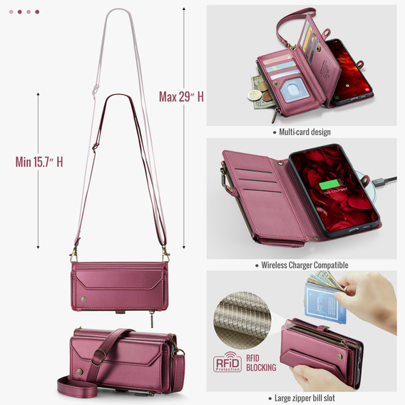 Etui CASEME do Samsung Galaxy S25 FE, RFID Leather Wallet, z paskiem na ramię, czerwone