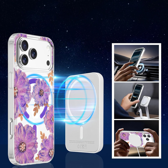 Etui do iPhone 17 Pro, Laser Flower, do MagSafe, Violet