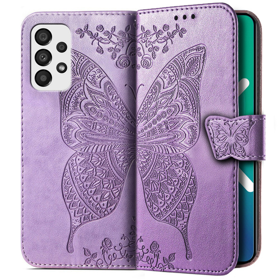 Zestaw Etui z klapką do Galaxy A33 5G, Motyl, Fioletowe+ szkło