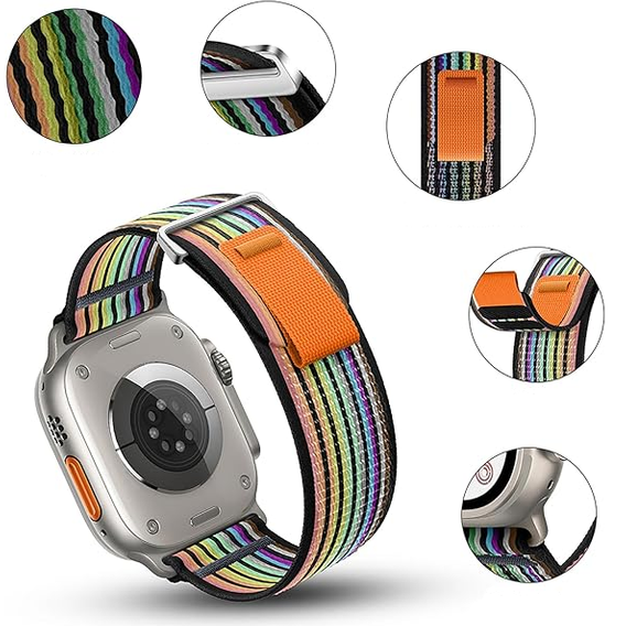 Pasek Nylonowy do Apple Watch 1/2/3/4/5/6/7/8/9/10/11/SE Ultra 1/2/3 42/44/45/46/49mm, Tęczowy