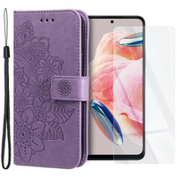 Zestaw Etui z klapką do Xiaomi Redmi Note 12 5G / POCO X5 5G, portfel Mandala i kwiaty, Fioletowe + szkło