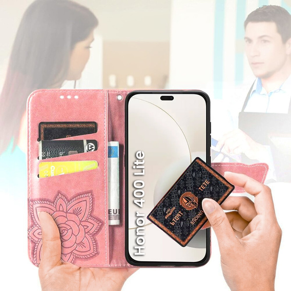 Etui z klapką do Honor 400 Lite, Butterfly, różowe rose gold