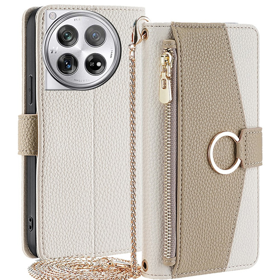 Etui z klapką do OnePlus 12 5G, Wallet Zipper Pocket, z lusterkiem, białe