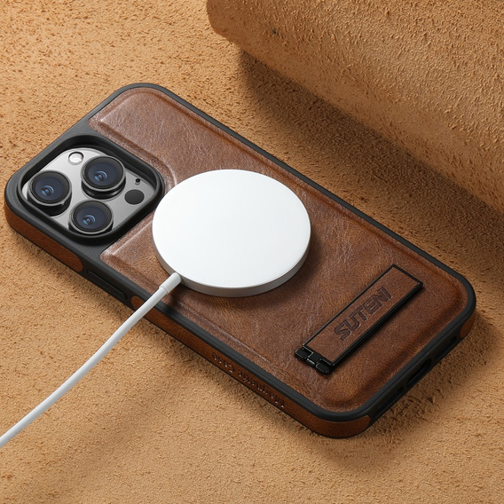 Etui Suteni G2 MagSafe do iPhone 15 Pro – brązowe, skórzane, magnetyczne, z funkcją podstawki