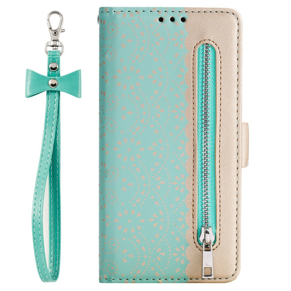 Etui z klapką do Samsung Galaxy A34 5G, Wallet Pocket Zipper Lace, zielone