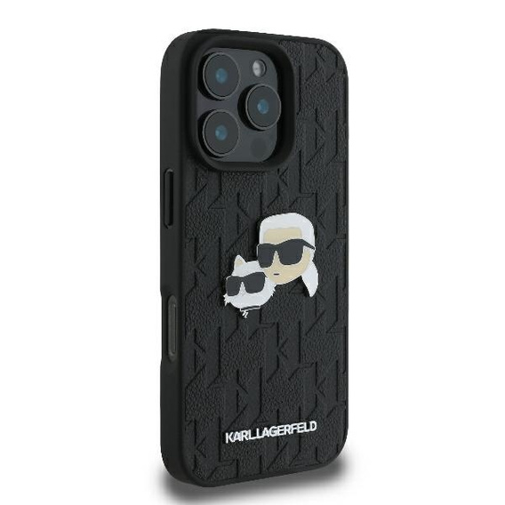 Etui Karl Lagerfeld do iPhone 16 Pro, Monogram Karl & Choupette Head Pin, czarna