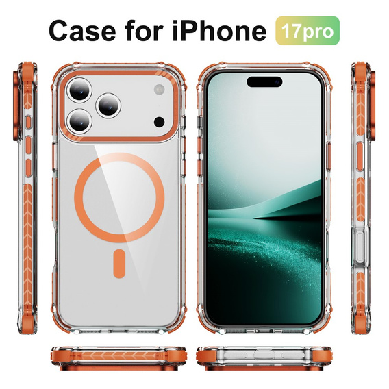 Etui pancerne do iPhone 17 Pro, do MagSafe, przezroczyste z pomarańczową ramką
