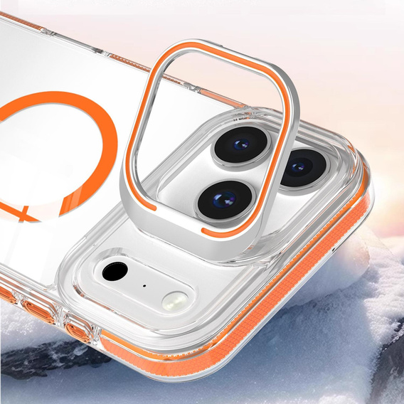 Etui do iPhone 17 Pro, do MagSafe, z podstawką, przezroczyste z pomarańczowymi akcentami