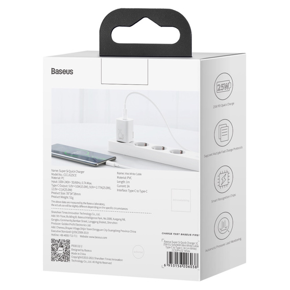 Baseus ładowarka sieciowa Super Si PD 25 W USB‑C (z kablem USB‑C) - Biała