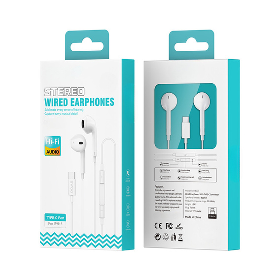 BWOO Słuchawki do iPhone 16 / iPhone 15 USB Type-C, białe
