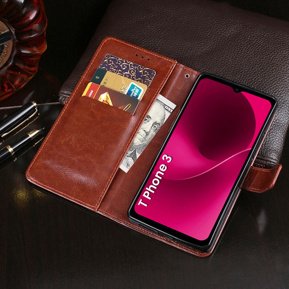 Etui z klapką do T Phone 3 5G, Crazy Horse Wallet, brązowe
