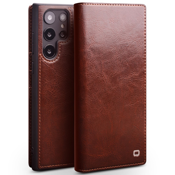 Etui z klapką do Samsung Galaxy S22 Ultra 5G, QIALINO Leather Wallet, brązowe