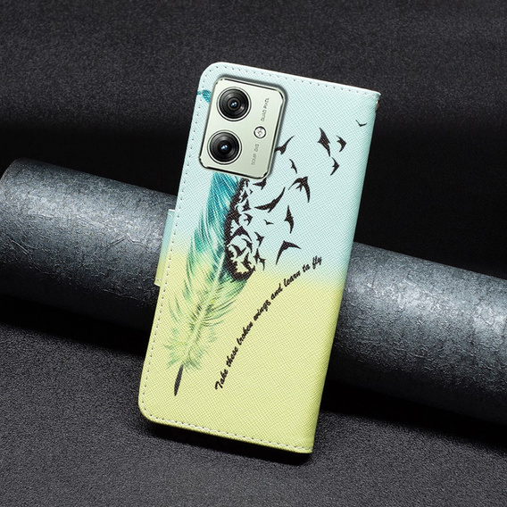 Etui z klapką do Motorola Moto G54 5G, Wallet, Feather niebieskie / żółte