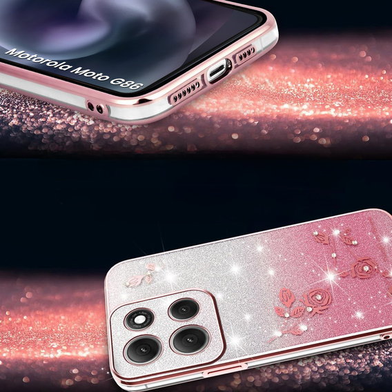Etui do Motorola Moto G86 5G, Glitter Flower, różowe rose gold