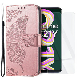 Zestaw Etui z klapką do Realme C21Y / C25Y, Motyl, Różowe rose gold + szkło