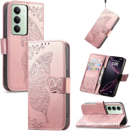 Etui z klapką do Xiaomi Redmi 15 5G / 4G, z wytłoczonym wzorem motyla, różowe rose gold