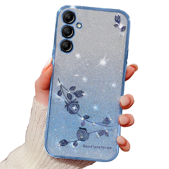 Etui do Samsung Galaxy A15, Glitter Flower, niebieskie + szkło