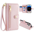 Etui z klapką do iPhone 14 Pro, Wallet Zipper Pocket, różowe