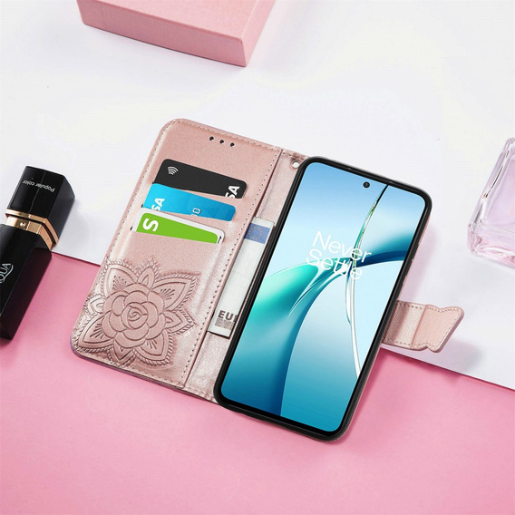 Etui z klapką do Xiaomi Redmi Note 14 4G, Butterfly, różowe rose gold