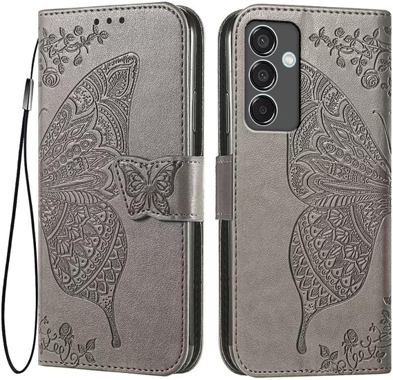 Etui z klapką do Samsung Galaxy M55 5G, Butterfly, szare