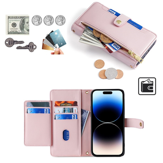Etui z klapką do iPhone 14 Pro Max, Wallet Zipper Pocket, różowe