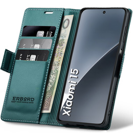 Etui do Xiaomi 15, ERBORD Glossy Litchi, portfel z klapką, zielone