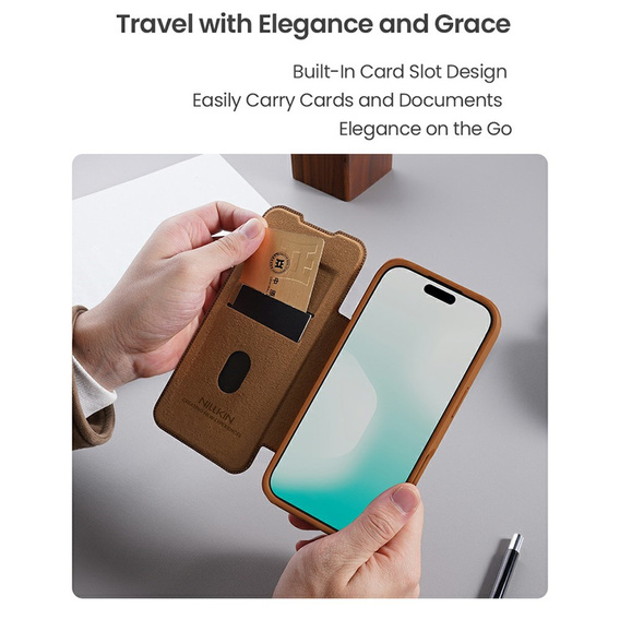 Etui z klapką NILLKIN do iPhone 17, CamShield Qin Pro, skórzane, brązowe