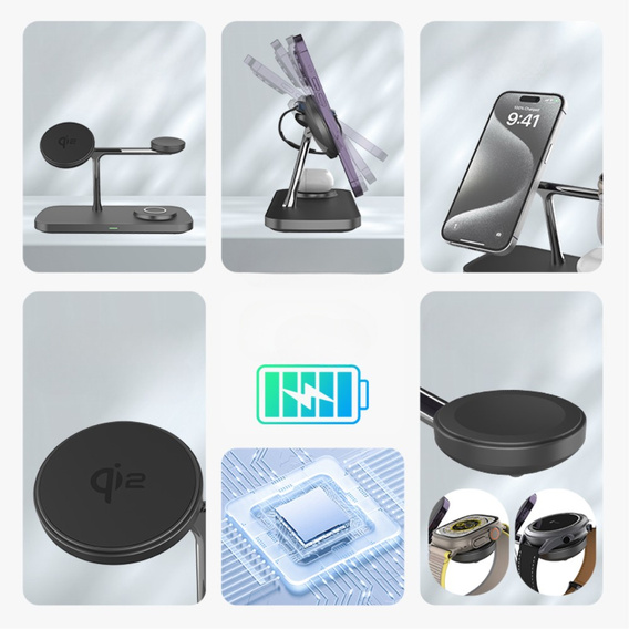Ładowarka indukcyjna Qi2 3w1 15W do iPhone/ Apple Watch / Airpods / Galaxy / Galaxy Watch/ Galaxy Buds, czarna