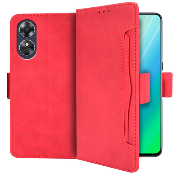 Zestaw Etui z klapką do Oppo A17, Card Slot, Czerwone + Szkło 9H