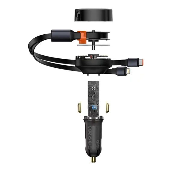 Ładowarka samochodowa Baseus Enjoyment z kablami USB-C + Lightning 3A, 30W - czarna