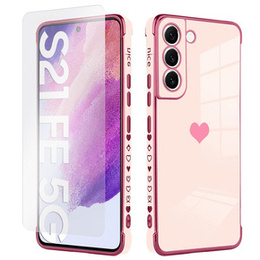 Zestaw Etui do Samsung Galaxy S21 FE, Electro heart, Różowe rose gold + Szkło