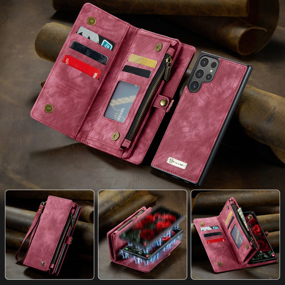 Etui CASEME do Samsung Galaxy S25 Ultra, Retro Leather Wallet, z paskiem, czerwone