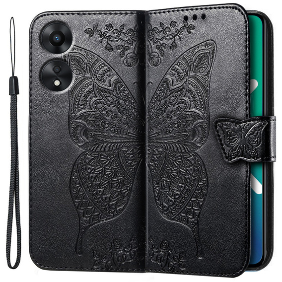 Zestaw Etui z klapką do Oppo A78 5G, Motyl, Czarne + szkło