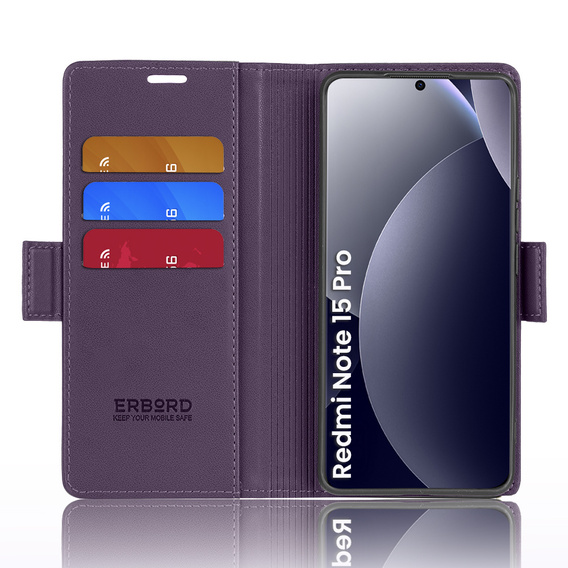 Etui do Xiaomi Redmi Note 15 Pro 5G, ERBORD Glossy Litchi, portfel z klapką, fioletowe