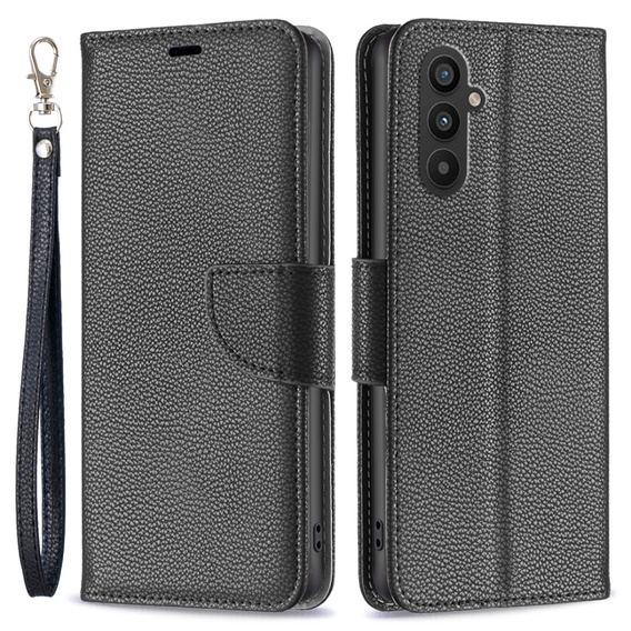 Etui z klapką do Samsung Galaxy A25 5G, Wallet Litchi Leather, czarne + szkło 9H