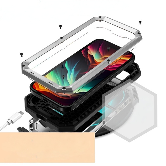 Etui do iPhone 15 Pro Max, R-JUST CamShield Slide, pancerne, srebrne / czarne
