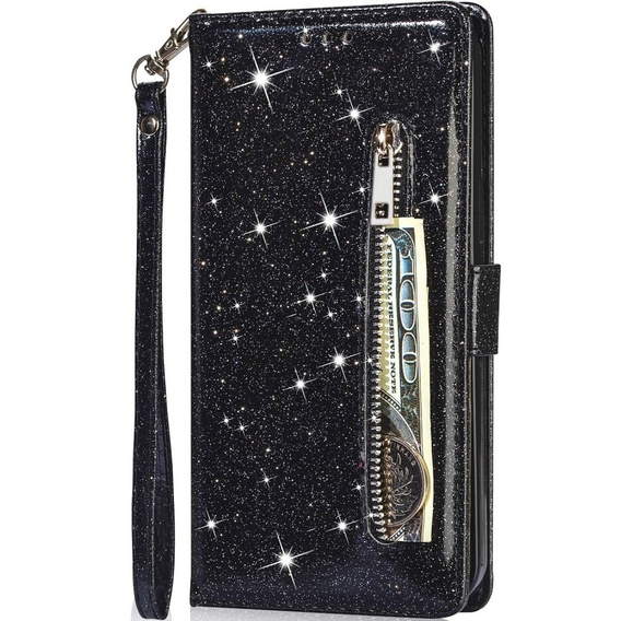 Etui z klapką do Samsung Galaxy A55, Wallet Zipper Pocket Glittery, czarne