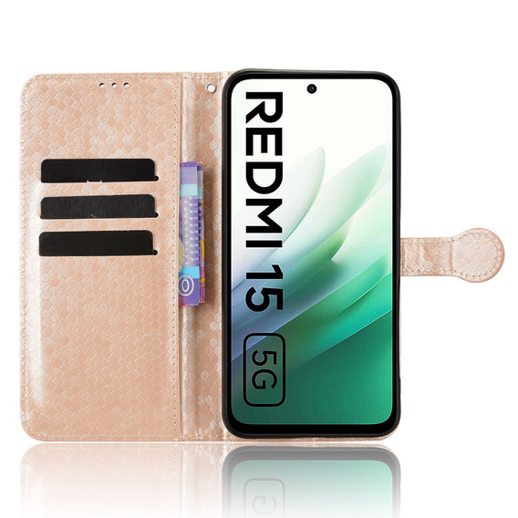 Etui z klapką do Xiaomi Redmi 15 5G / 4G, Wallet Rhombus, złote