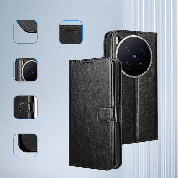 Etui z klapką do Vivo X300 Pro, Crazy Horse Wallet, czarne