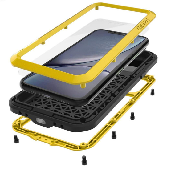 Etui Love Mei do iPhone 11, pancerne ze szkłem, żółte / czarne