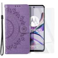 Zestaw Etui z klapką do Motorola Moto G53 5G, portfel Mandala, Fioletowe + szkło