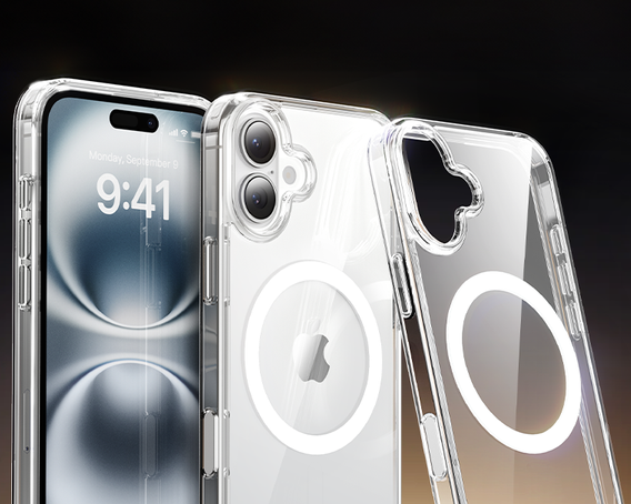 Etui ERBORD z MagSafe do iPhone 16, aktywny przycisk, przezroczyste + Szkło hartowane