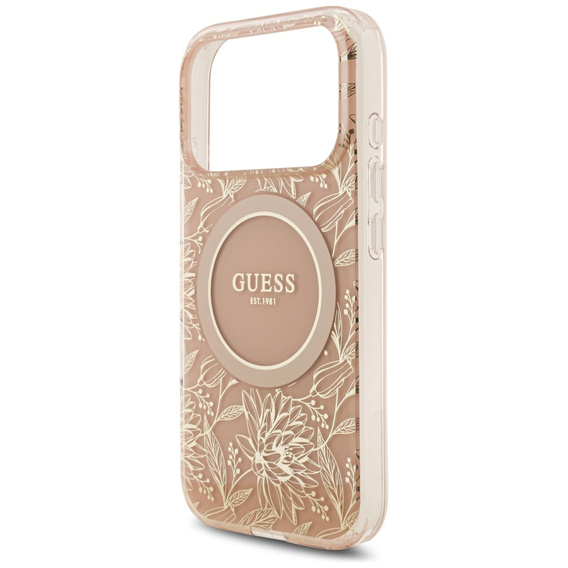 Etui GUESS do iPhone 17 Pro Max, IML Flowers Electroplated Allover With Beads Strap, do MagSafe, z paskiem, różowe