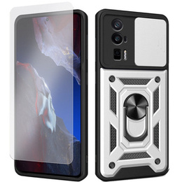 Zestaw Etui pancerne do Xiaomi Poco F5 Pro, Nox Camera Slide, srebrne + Szkło