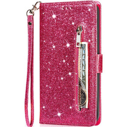 Etui z klapką do Samsung Galaxy A55, Wallet Zipper Pocket Glittery, różowe