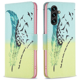 Etui z klapką do Samsung Galaxy A05s, Wallet, Feather niebieskie / żółte