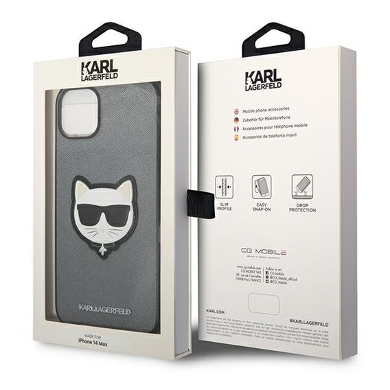 Etui Karl Lagerfeld do iPhone 14 Plus, Saffiano Choupette Head Patch, srebrne