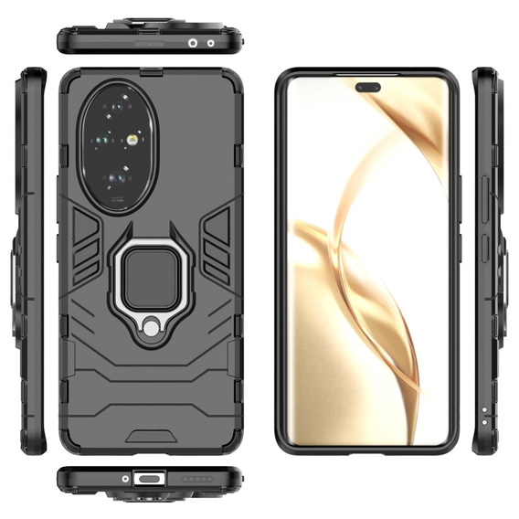 Etui pancerne z pierścieniem do Honor 200 Pro 5G – czarne, z podstawką i uchwytem